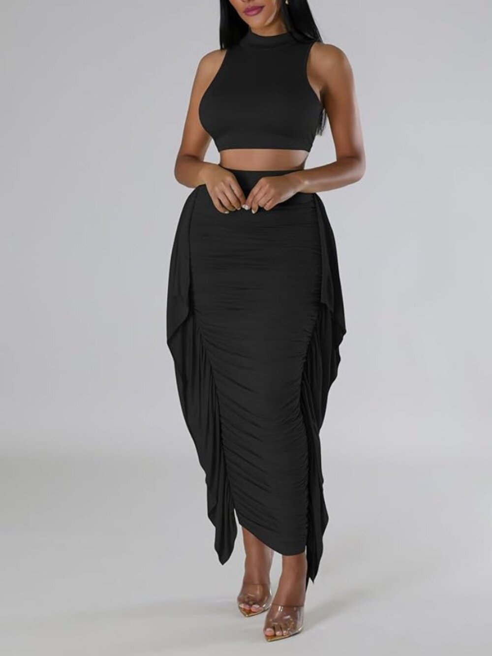 Women High Waist Rushed Bodycon Skirt